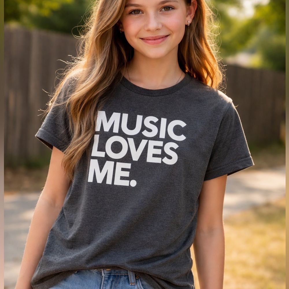 Zara Girls Graphic Tee “Music Loves Me” Size 13/14 Oversized Charcoal Tee
